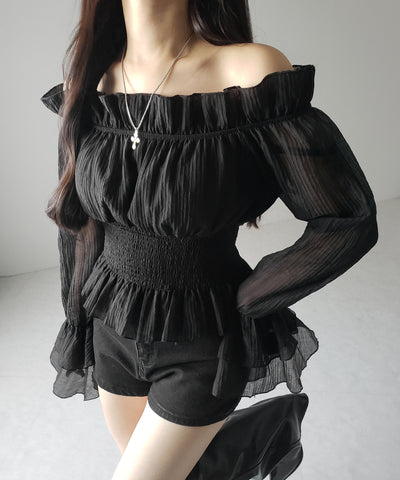 【 ２color ／ ２WAY 】ウエストシャーリングシアーフリルオフショルブラウス ／ waist shirring sheer frill off shoulder blouse