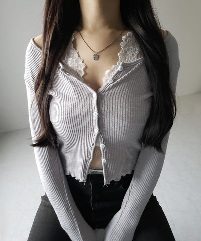 【 ２点セット 】レイヤードレースシアーリブカットソーカーディガン ／ layered lace sheer rib cut and sew cardigan