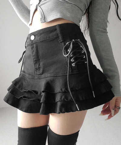 【 インパン裏地付 】レースアップブラックフリルミニスカート ／ laceup black frill mini skirt