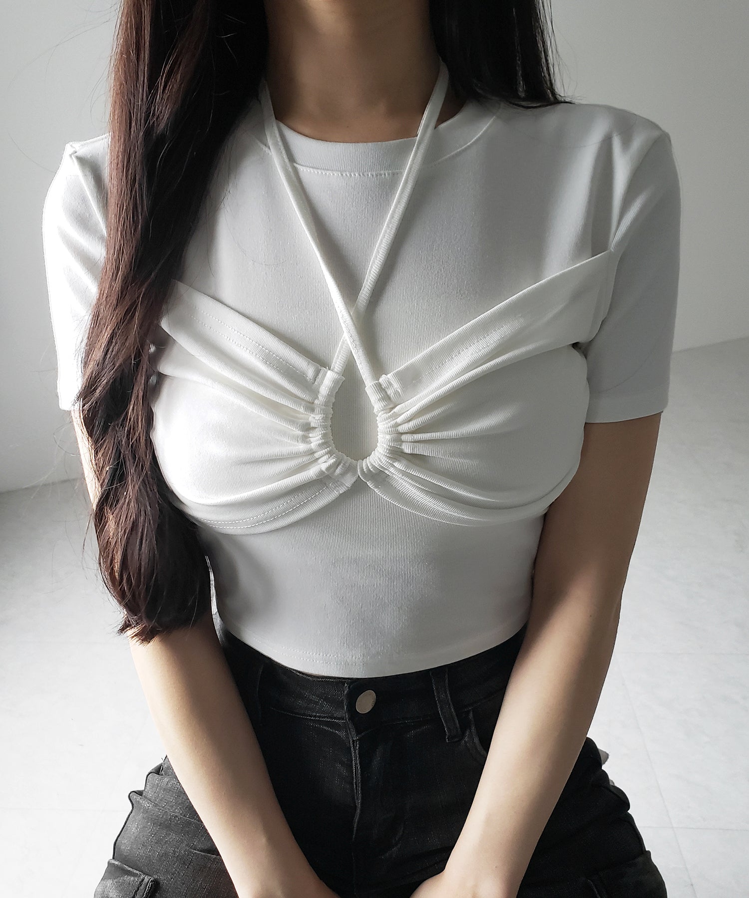 【 ２color 】クロスネックレイヤードシャーリングTシャツ ／ cross neck layered shirring T-shirt