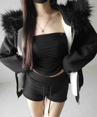 【 セットアップ 】裏起毛ファーフードオーバージップパーカー＆スウェットショートパンツ ／ Urakimo fur over zip hoodie ＆ sweat short pants SETUP