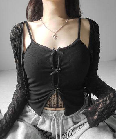 フロントリボンレースレイヤードリブキャミソール ／Front ribbon lace layered ribbed camisole