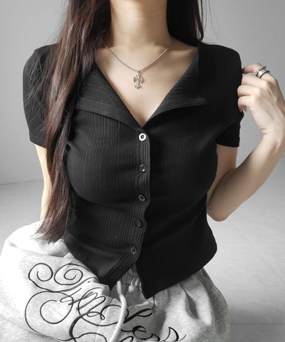 フロントボタン半袖リブカーデトップス ／ front button short sleeve lib cardigan tops