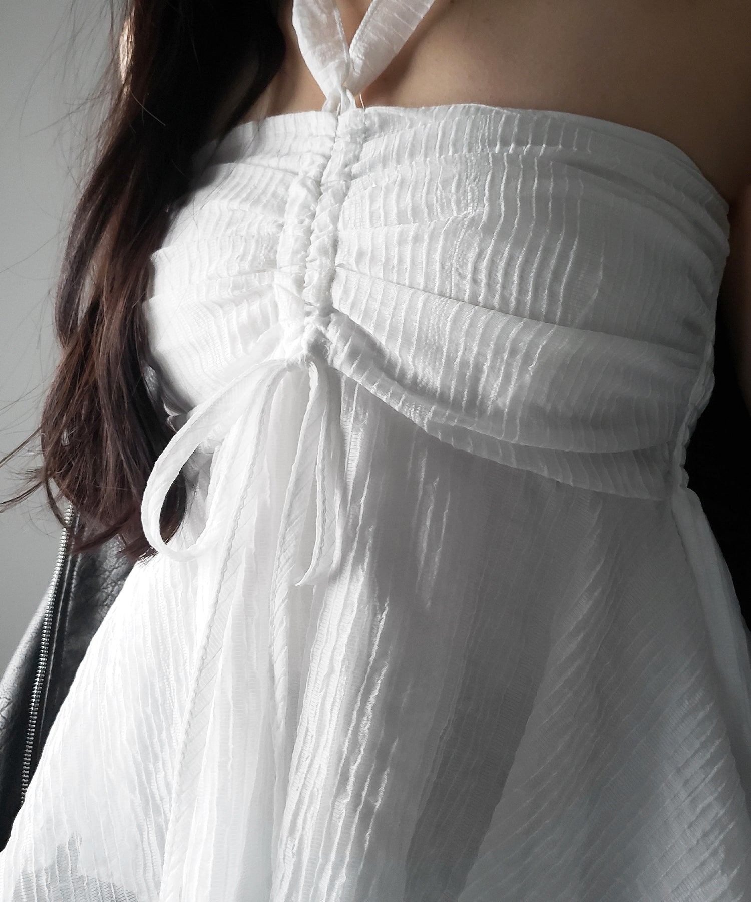【 チョーカータイ付 】シャーリングリボンペプラムシフォンビスチェトップス ／ choker tie set shirring ribbon peplum chiffon bustier tops