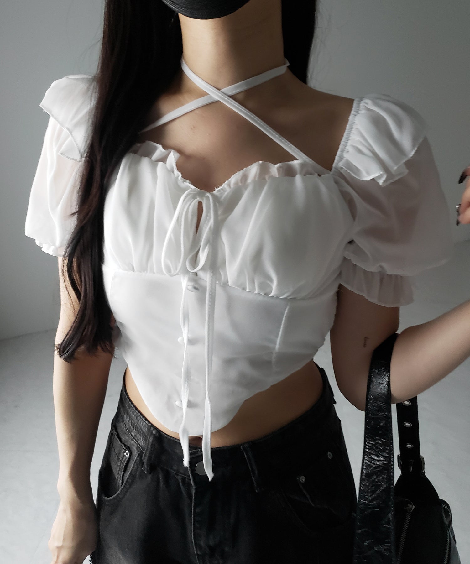 【 ２color ／ ２WAY 】フロントリボンクロスネック半袖シフォンブラウス ／ front ribbon cross neck short sleeve chiffon blouse