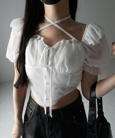 【 ２color ／ ２WAY 】フロントリボンクロスネック半袖シフォンブラウス ／ front ribbon cross neck short sleeve chiffon blouse