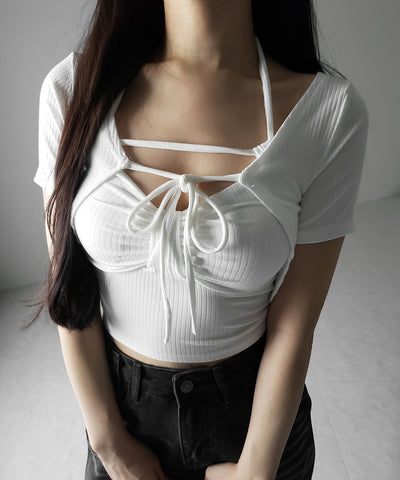 【 ２点セット 】 ２WAYストラップリブキャミソール ＋ フロントリボンショートカーディガン SET ／ 2WAY strap lib camisole + front ribbon short cardigan