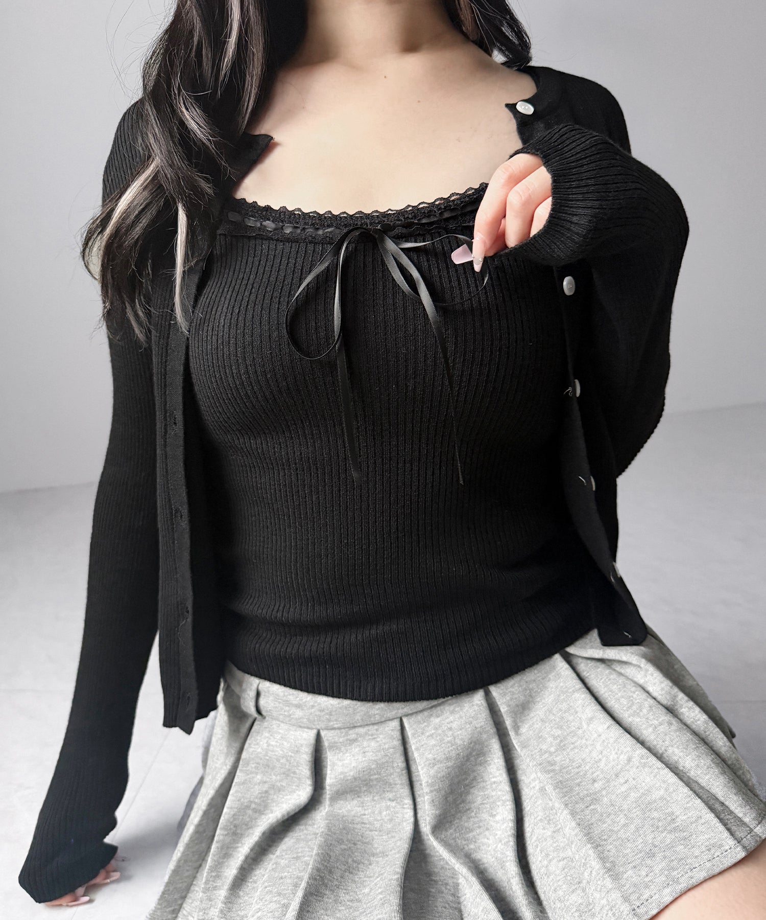 【 ２点セット 】リボンリブニットキャミソール ＋ カーディガンセット / ribbon rib knit camisole + cardigan set