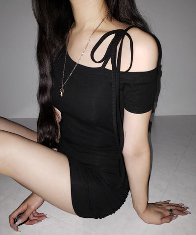 【 ２color ／ カップ付き 】ワンショルリボン半袖カットソーミニワンピ ／ one shoulder ribbon short sleeve cutsew mini onepiece