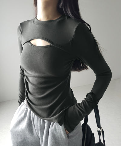 【 ３color 】カットアウトサイドシャーリングアシンメトリートップス ／ cut-out side shirring asymmetry tops
