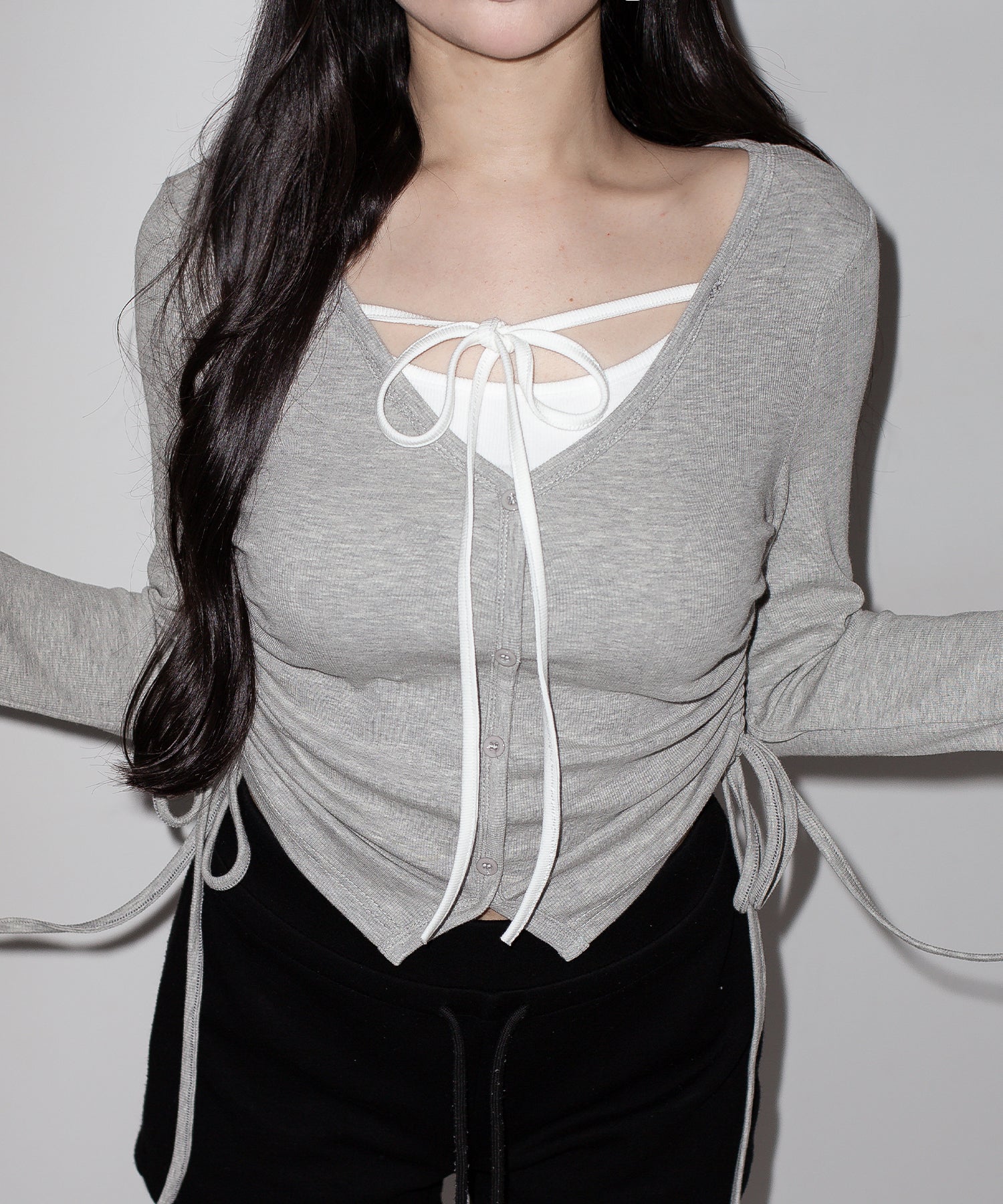 【 ３WAY 】レイヤード風シャーリングリボンリブトップス ／ fake layered shirring ribbon lib tops