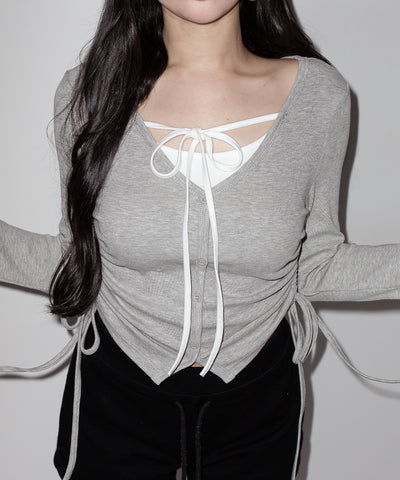 【 ３WAY 】レイヤード風シャーリングリボンリブトップス ／ fake layered shirring ribbon lib tops