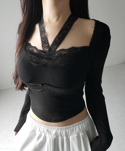 【 ２color ／ ２WAY 】クロスネックレースリボンスクエアカットソートップス ／ cross neck lace ribbon square cutsaw tops