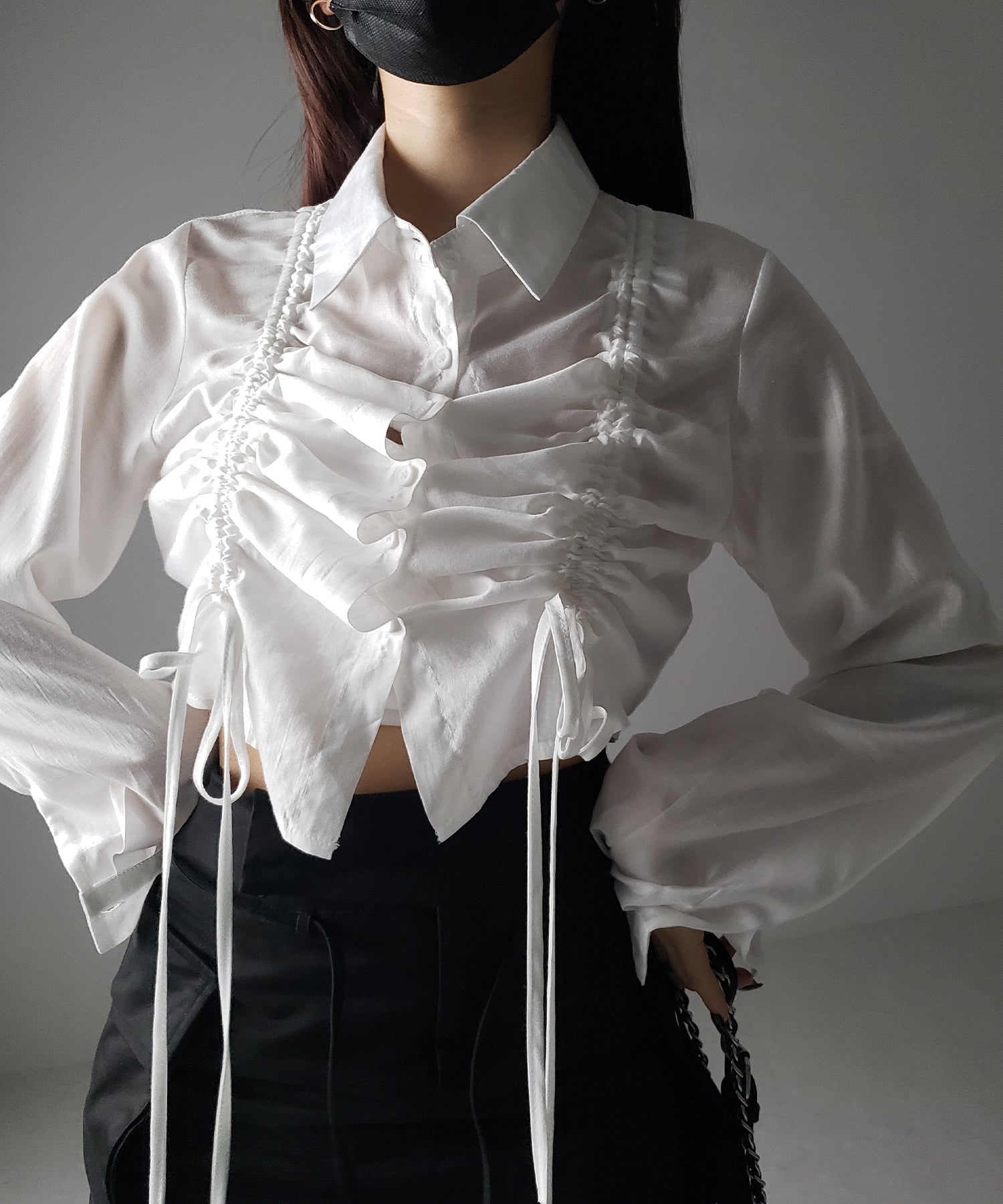 【 ３color 】ダブルリボンシャーリングショートシアーシャツ ／ double shirring ribbon short sheer shirts