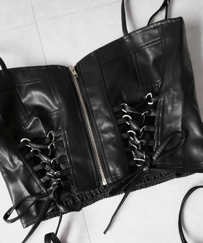 ダブルリボンレースアップフェイクレザーショートビスチェ ／ double ribbon laceup fake leather short bustier