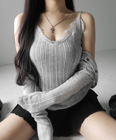 【 ２点セット 】レースニットキャミソール ＋ シアーニットカーディガン SET ／ lace knit camisole + sheer knit cardigan SET