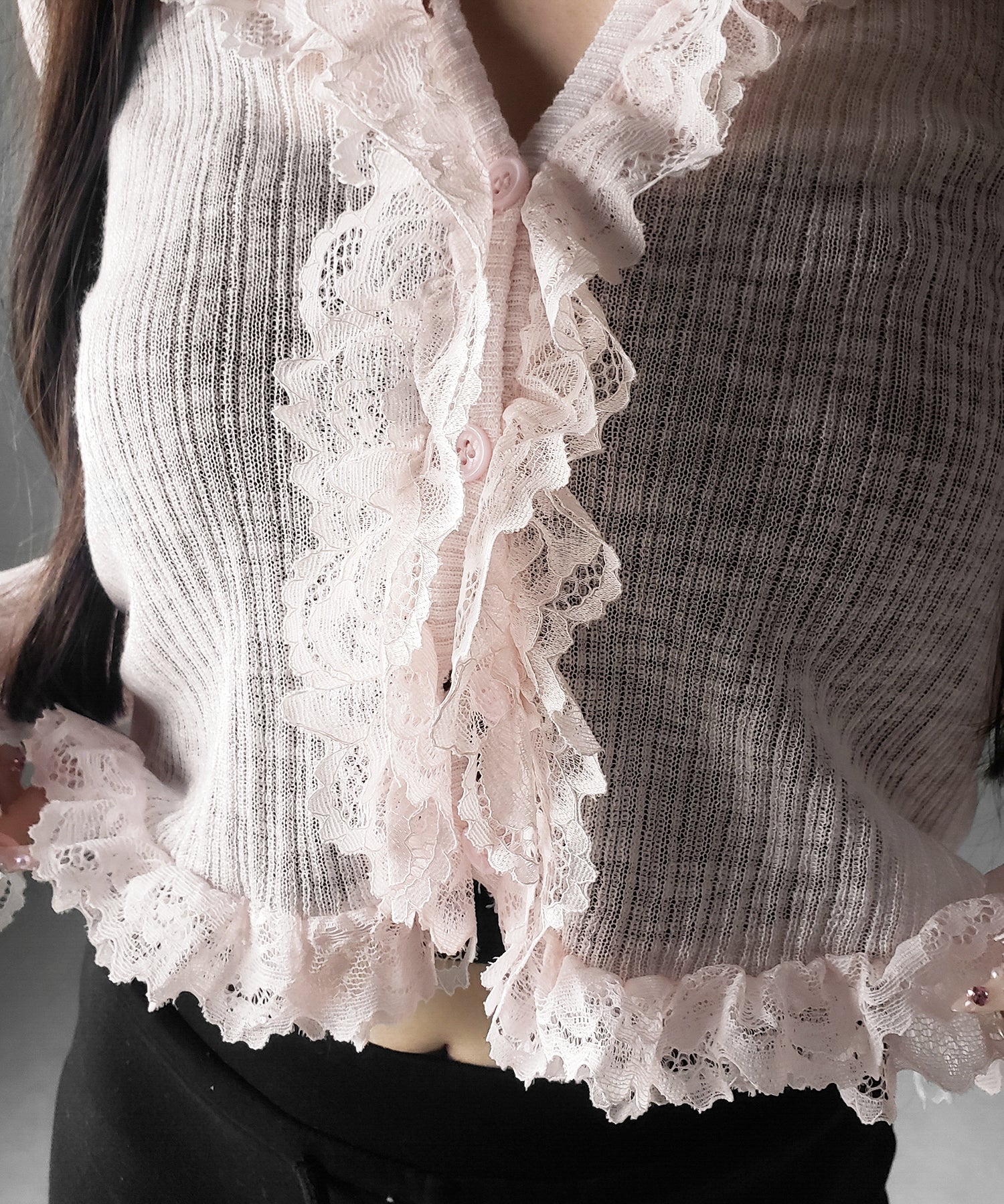 レースフリルシアーニットカーディガン ／ lace frill sheer knit cardigan