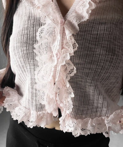 レースフリルシアーニットカーディガン ／ lace frill sheer knit cardigan