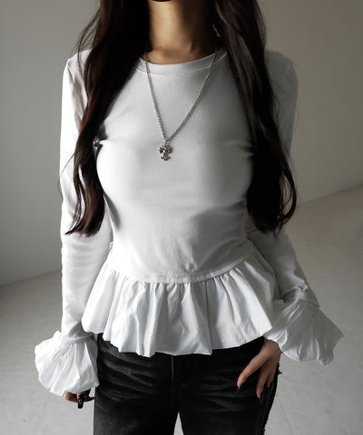 【 ２color 】裾バルーンフリルカットソートップス ／ hem balloon frill cutsew tops