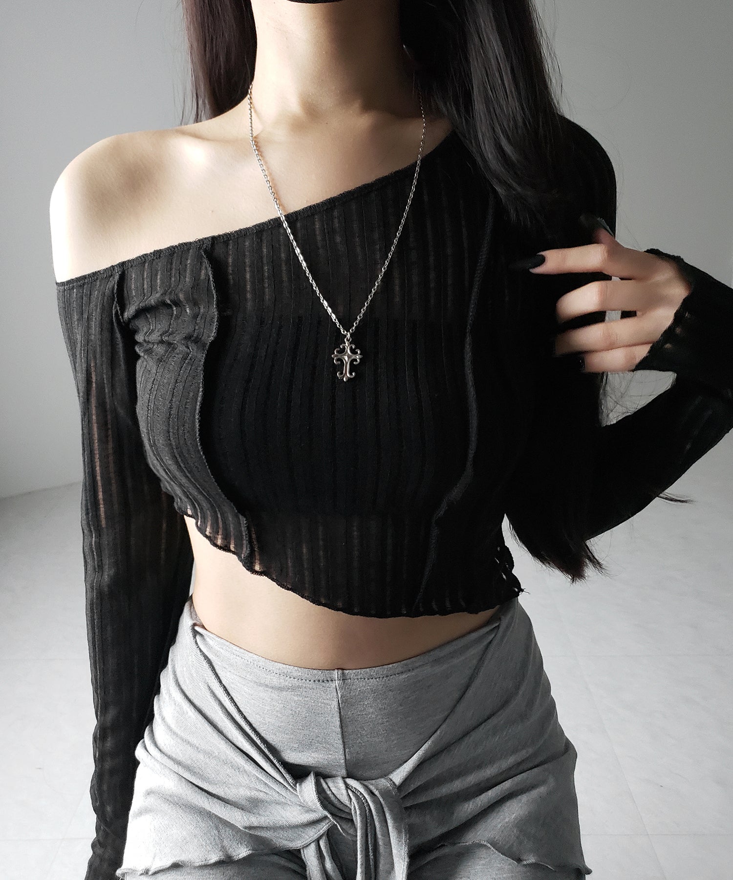 【 ３color 】アウトステッチワンショルシアーリブカットソートップス ／ outstitch one shoulder sheer rib cutsew tops