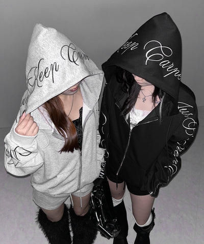【 セットアップ 】レタリングロゴ刺繍ジップアップパーカー＆ショートパンツ ／ lettering logo embroidery zip-up hoodie ＆ short pants SETUP