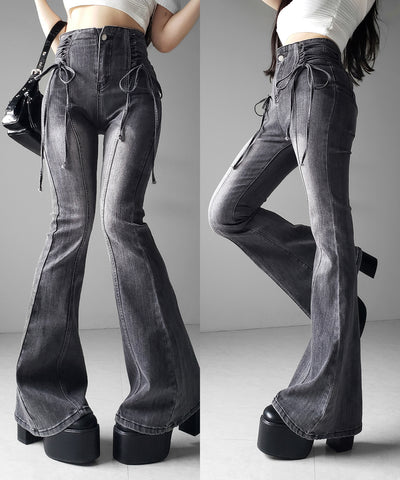 サイドレースアップリボン美脚ストレッチフレアデニム ／ side laceup ribbon slim leg stretch flare denim