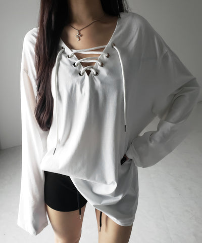 【 ２color 】レースアップルーズシルエット長袖ビッグTシャツ ／ laceup loose silhouette long sleeve big T-shirt