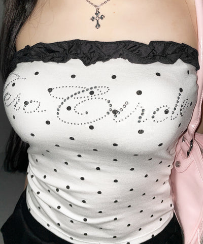 ラインストーンドットフリルベアトップス ／ Rhinestone dot frill bare tops
