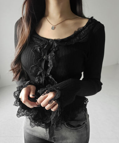 【 ３color 】レースフリルドッキングリブニットカーディガン ／ lace frill docking rib knit cardigan