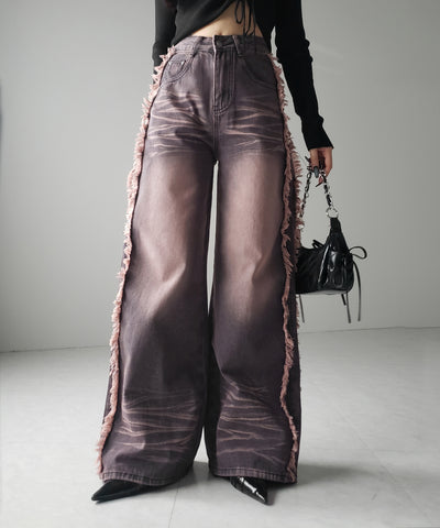 【 ３SIZE 】ヴィンテージピンクウォッシュダメージワイドデニム ／ vintage pink wash damage wide denim