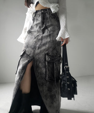 【 ３SIZE 】クラッシュブリーチセンタースリットカーゴデニムスカート ／ crash bleach center slit cargo denim skirt