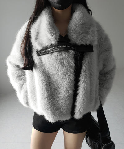【 ２WAY 】ジップアップレザードッキングフェイクファーコート ／ zip up leather docking fake fur coat
