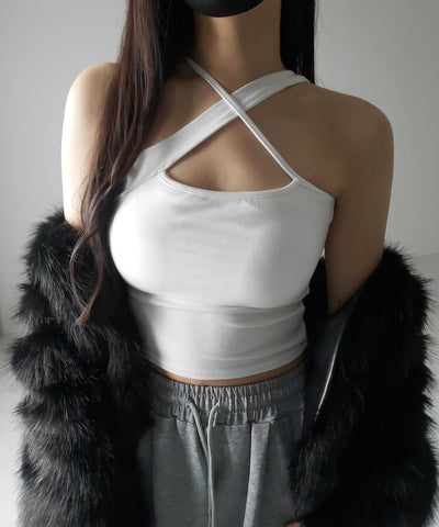 【 ３color ／ カップ付 】クロスネックカットアウトキャミソール ／ cross neck cutout camisole