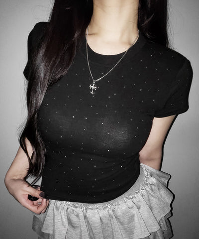 ラインストーン半袖タイトＴシャツ ／ Rhinestone short sleeve tight T-shirt