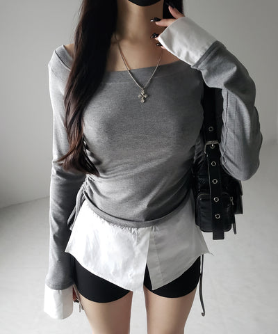 【 ２color ／ ２WAY 】シャツドッキングサイドリボンワンショルトップス ／shirt docking side ribbon oneshoulder tops