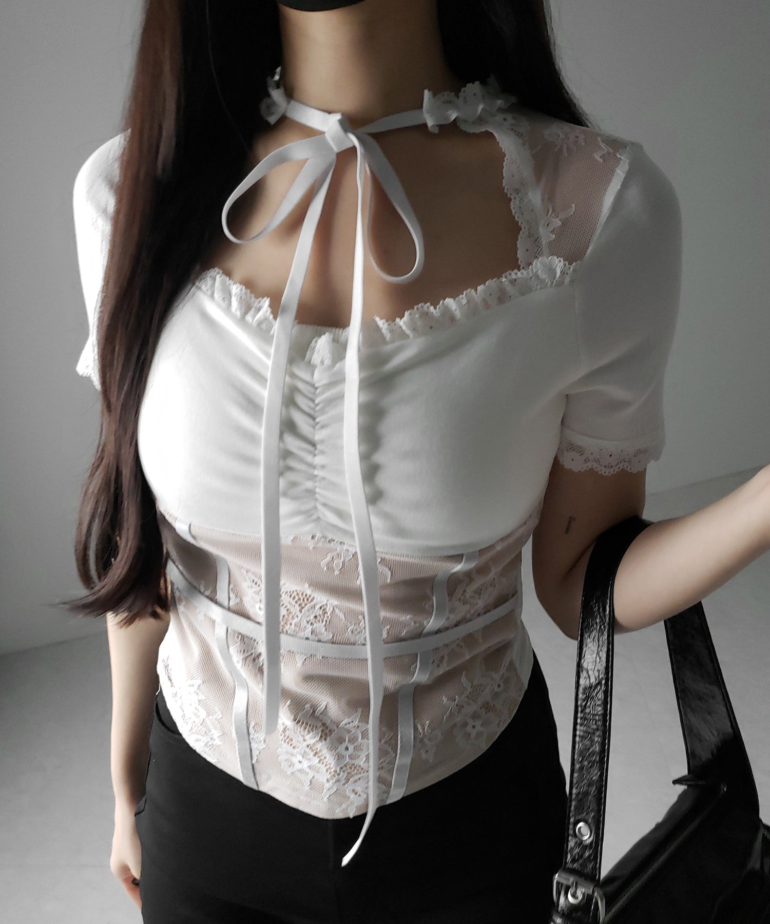【 ２color 】半袖チョーカーネックリボンレーシーカットソートップス ／ short sleeve choker neck ribbon lacy cutsaw tops