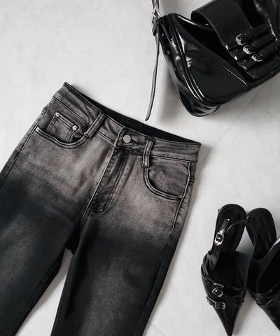 【４size 】ブリーチグラデーションストレッチブラックフレアデニム ／ bleach gradation stretch black flare denim