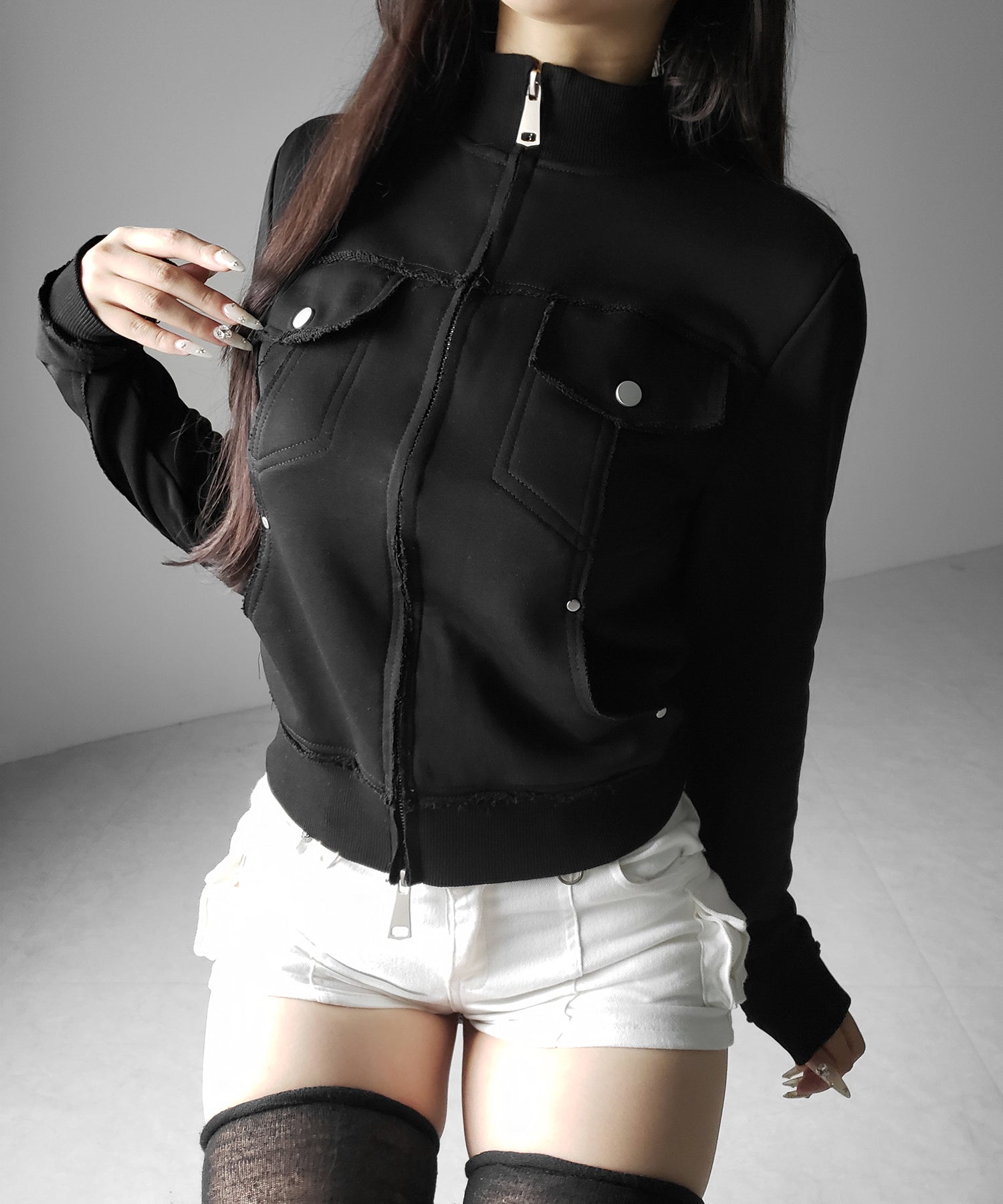 ダブルジップアウトポケット裏毛スリムジャケット ／ Double-zip outer pocket sweat slim jacket