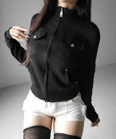 ダブルジップアウトポケット裏毛スリムジャケット ／ Double-zip outer pocket sweat slim jacket