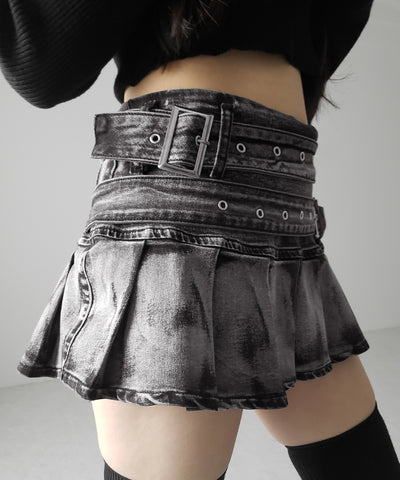 【 インパン裏地付 】ダブルベルトヴィンテージデニムプリーツミニスカート ／ double belt vintage denim pleats mini skirt