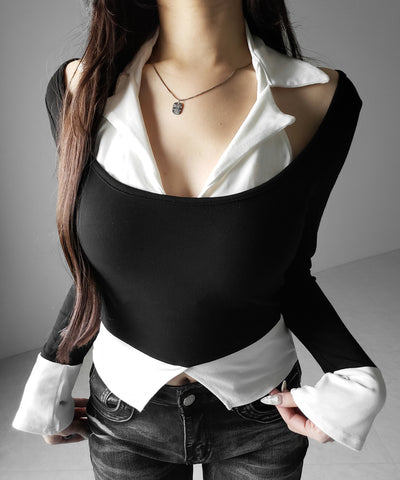 カットアウトフェイクレイヤード長袖Ｔシャツ ／ shirts like cutout fake layered long sleeve T-Shirt