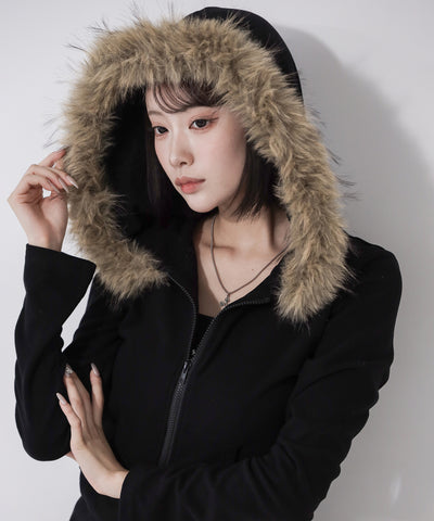 フェイクファーフーディジップアップパーカー ／ fake fur hooded zipup hoodie