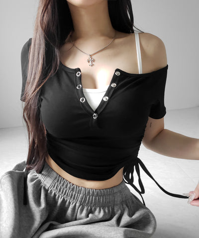 【 ２点セット 】ヘンリーネックサイドリボン半袖ぴちＴシャツ ／ Henley neck side ribbon short-sleeve pichi T-shirt