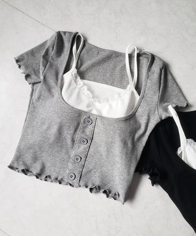 【 ２点セット 】レイヤードレースキャミソール ＋ スクエアネックフロントボタンTシャツ SET