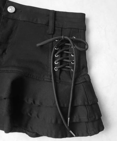 【 インパン裏地付 】レースアップブラックフリルミニスカート ／ laceup black frill mini skirt