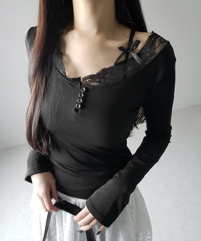 【 ２color 】ストラップダブルリボンレースカットソートップス ／ strap double ribbon lace cutsew tops