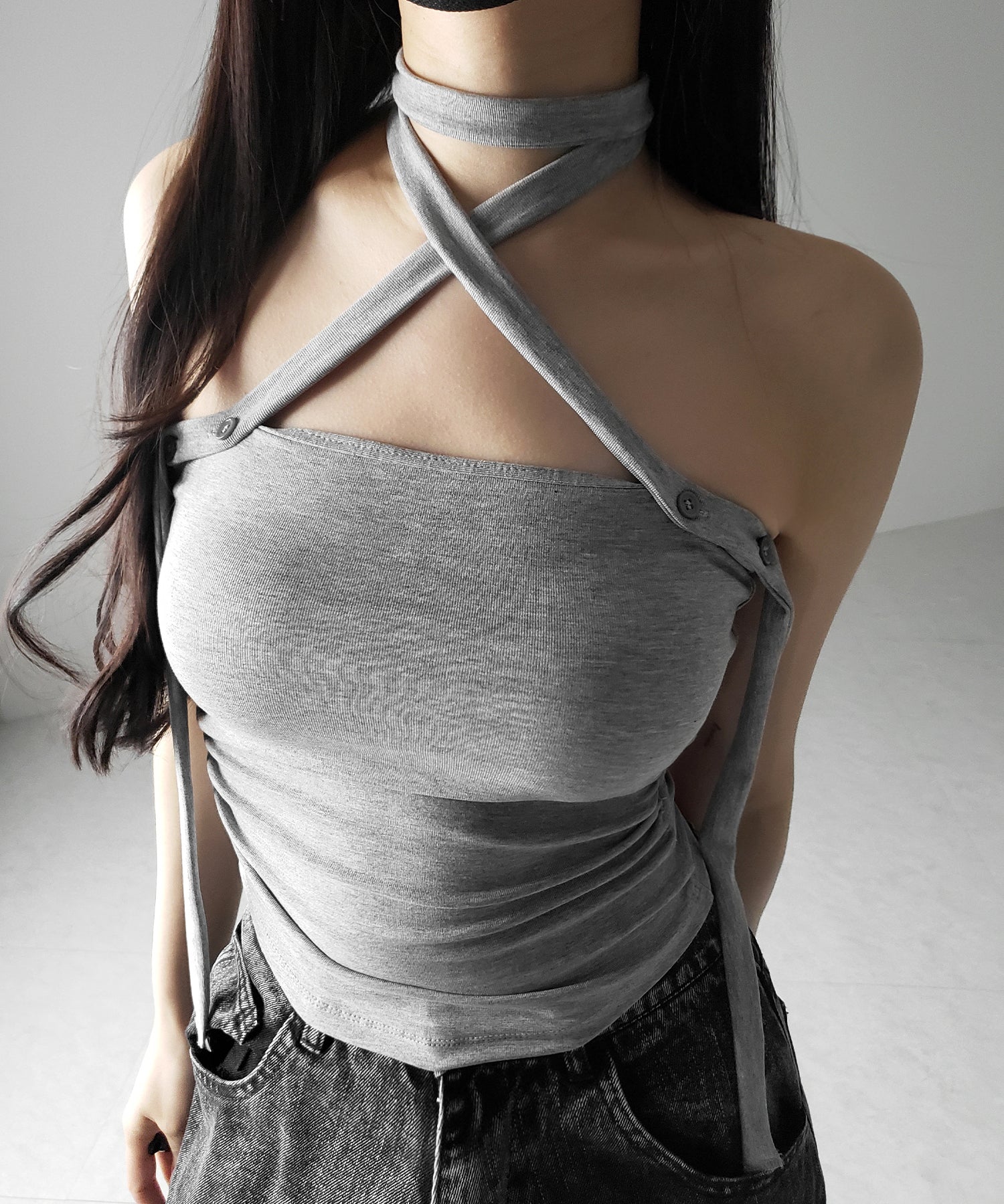【 ３color ／ カップ付 】ロングチョーカークロスネックキャミソール ／ long choker cross neck camisole