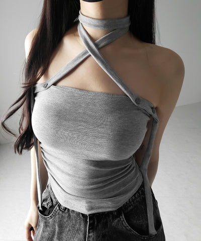【 ３color ／ カップ付 】ロングチョーカークロスネックキャミソール ／ long choker cross neck camisole