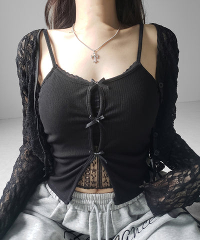 フロントリボンレースレイヤードリブキャミソール ／Front ribbon lace layered ribbed camisole