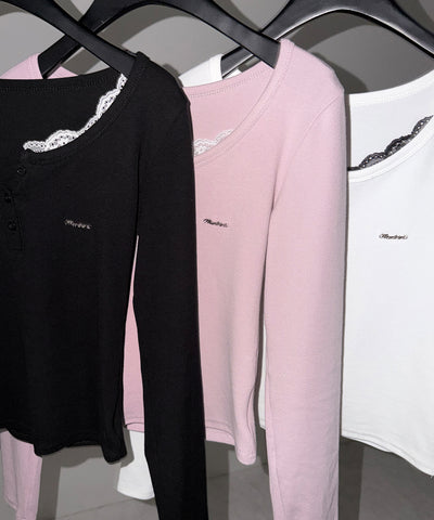 ヘンリーネックロゴプレートレースリブトップス ／　henley neck logo plate lace ribbed tops